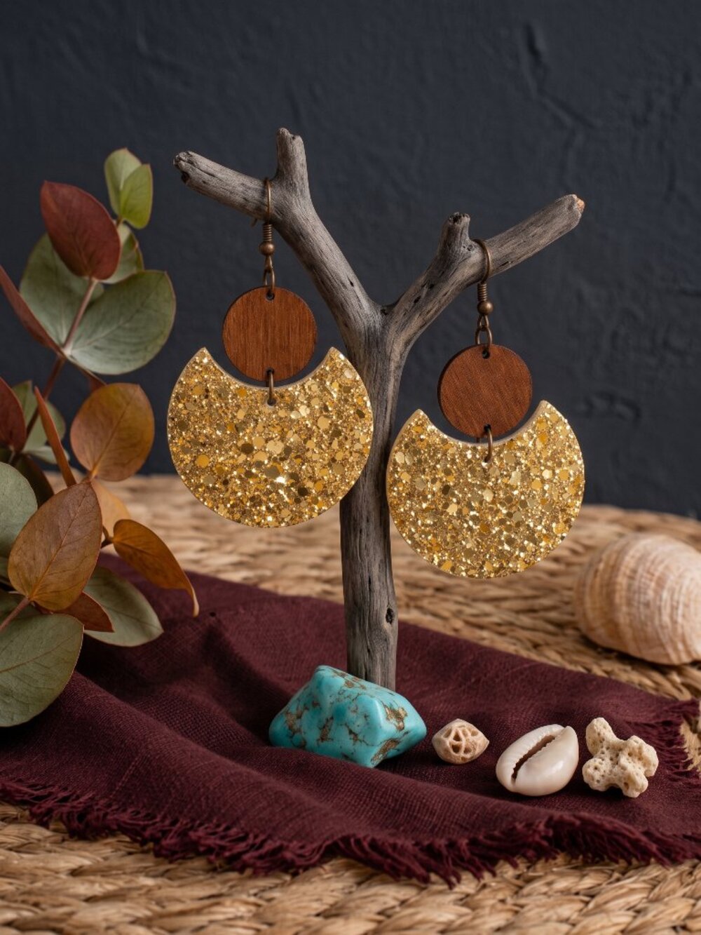 Gold Glitter Wood Crescent Moon Dangle Earrings Boho Coastal Statement 2.8"